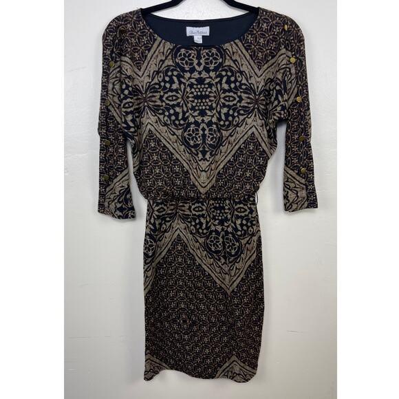 Olivia Matthews Brown and Black Floral Geometric Pattern Knit Dress - Picture 1 of 3